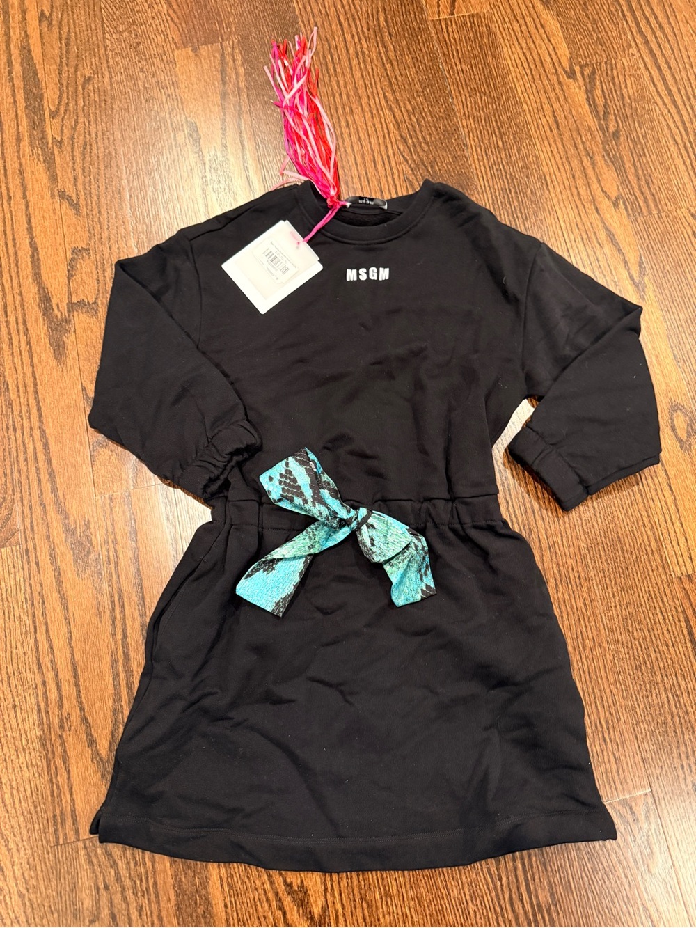 MSGM Black Girls' Sweatshirt Dress with Teal Snake-Print Bow
